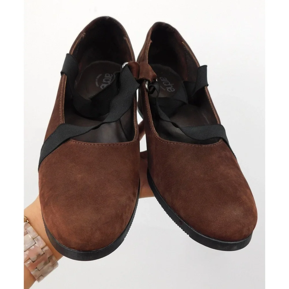 Arche Brown Nubuck Leather Wedge Pumps Black Elastic Straps‎ France Womens 37